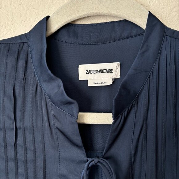 Zadig & Voltaire Raika Satin Tie Neck Navy Long Bell Sleeve Dress - Picture 3 of 13